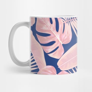 Tropical Green Leaves Pattern on Navy and Blue and Pink Mug